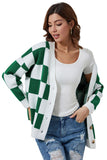 LC271943-9-S, LC271943-9-M, LC271943-9-L, LC271943-9-XL, LC271943-9-2XL, Green Contrast Checkered Print Button Up Sweater Cardigan 