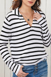 Women's Collared V Neck Striped Casual Sweater