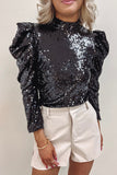 LC25123260-2-S, LC25123260-2-M, LC25123260-2-L, LC25123260-2-XL, LC25123260-2-2XL, Black Sequin Mock Neck Bubble Sleeve Top