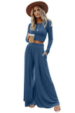 LC625150-5-S, LC625150-5-M, LC625150-5-L, LC625150-5-XL, Blue Solid Color Ribbed Crop Top Long Pants Set