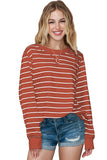 LC25122022-3-S, LC25122022-3-M, LC25122022-3-L, LC25122022-3-XL, Red Striped Print Ribbed Trim Long Sleeve Top