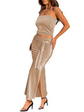 Women's Bandeau Crop Top Bodycon Long Skirt Sets with Belt