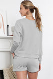 LC625104-11-S, LC625104-11-M, LC625104-11-L, LC625104-11-XL, LC625104-11-2XL, Gray Textured Long Sleeve Top and Drawstring Shorts Set