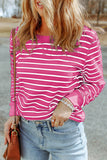 LC25122022-P6-S, LC25122022-P6-M, LC25122022-P6-L, LC25122022-P6-XL, Rose Red Striped Print Ribbed Trim Long Sleeve Top