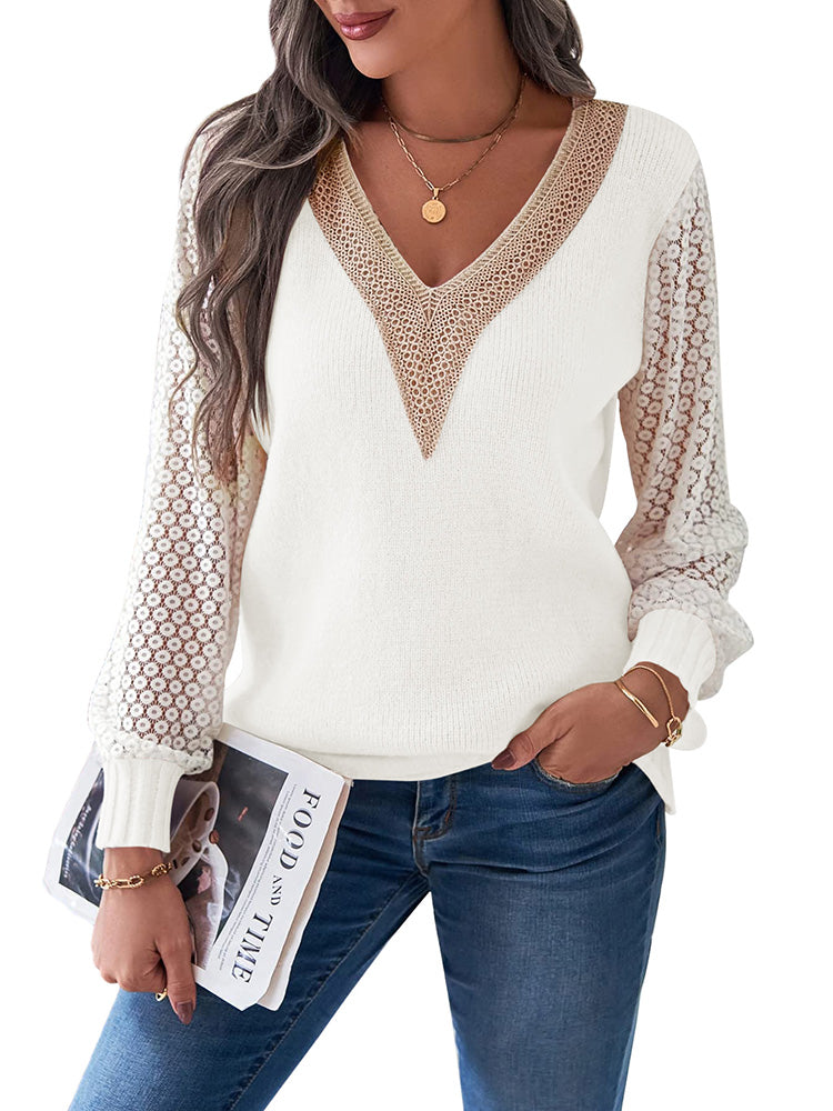Women's Long Sleeve Lace V Neck Knit Loose Pullover Sweaters