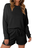 LC625104-2-S, LC625104-2-M, LC625104-2-L, LC625104-2-XL, LC625104-2-2XL, Black Textured Long Sleeve Top and Drawstring Shorts Set