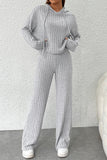 LC625306-P11-S, LC625306-P11-M, LC625306-P11-L, LC625306-P11-XL, Gray Ribbed Knit Slouchy Hoodie Wide Leg Pants Set