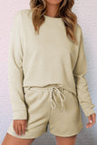 LC625104-18-S, LC625104-18-M, LC625104-18-L, LC625104-18-XL, LC625104-18-2XL, Apricot Textured Long Sleeve Top and Drawstring Shorts Set