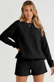 LC625104-2-S, LC625104-2-M, LC625104-2-L, LC625104-2-XL, LC625104-2-2XL, Black Textured Long Sleeve Top and Drawstring Shorts Set