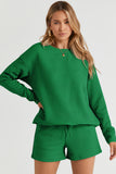 LC625104-9-S, LC625104-9-M, LC625104-9-L, LC625104-9-XL, LC625104-9-2XL, Green Textured Long Sleeve Top and Drawstring Shorts Set