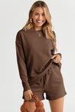 LC625104-17-S, LC625104-17-M, LC625104-17-L, LC625104-17-XL, LC625104-17-2XL, Brown Textured Long Sleeve Top and Drawstring Shorts Set