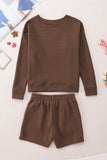 LC625104-17-S, LC625104-17-M, LC625104-17-L, LC625104-17-XL, LC625104-17-2XL, Brown Textured Long Sleeve Top and Drawstring Shorts Set