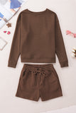 LC625104-17-S, LC625104-17-M, LC625104-17-L, LC625104-17-XL, LC625104-17-2XL, Brown Textured Long Sleeve Top and Drawstring Shorts Set