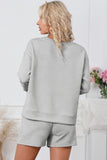 LC625104-11-S, LC625104-11-M, LC625104-11-L, LC625104-11-XL, LC625104-11-2XL, Gray Textured Long Sleeve Top and Drawstring Shorts Set