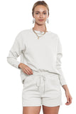 LC625104-1-S, LC625104-1-M, LC625104-1-L, LC625104-1-XL, LC625104-1-2XL, White Textured Long Sleeve Top and Drawstring Shorts Set