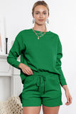 LC625104-9-S, LC625104-9-M, LC625104-9-L, LC625104-9-XL, LC625104-9-2XL, Green Textured Long Sleeve Top and Drawstring Shorts Set