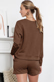 LC625104-17-S, LC625104-17-M, LC625104-17-L, LC625104-17-XL, LC625104-17-2XL, Brown Textured Long Sleeve Top and Drawstring Shorts Set