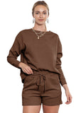 LC625104-17-S, LC625104-17-M, LC625104-17-L, LC625104-17-XL, LC625104-17-2XL, Brown Textured Long Sleeve Top and Drawstring Shorts Set