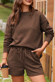 LC625104-17-S, LC625104-17-M, LC625104-17-L, LC625104-17-XL, LC625104-17-2XL, Brown Textured Long Sleeve Top and Drawstring Shorts Set