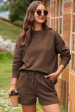 LC625104-17-S, LC625104-17-M, LC625104-17-L, LC625104-17-XL, LC625104-17-2XL, Brown Textured Long Sleeve Top and Drawstring Shorts Set