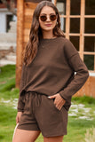 LC625104-17-S, LC625104-17-M, LC625104-17-L, LC625104-17-XL, LC625104-17-2XL, Brown Textured Long Sleeve Top and Drawstring Shorts Set