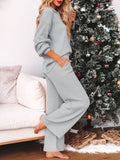 Button Knit Loungewear Puff Sleeve Top Lounge Pants 2 Pieces Sweatsuit