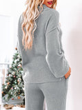 Button Knit Loungewear Puff Sleeve Top Lounge Pants 2 Pieces Sweatsuit