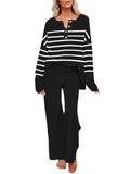 Women's 2 Piece Outfit Set Long Sleeve Button Pullover Sweater Top and Wide Leg Pants