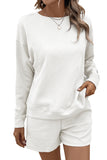 LC625104-1-S, LC625104-1-M, LC625104-1-L, LC625104-1-XL, LC625104-1-2XL, White Textured Long Sleeve Top and Drawstring Shorts Set