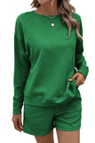 LC625104-9-S, LC625104-9-M, LC625104-9-L, LC625104-9-XL, LC625104-9-2XL, Green Textured Long Sleeve Top and Drawstring Shorts Set