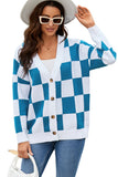 LC271943-5-S, LC271943-5-M, LC271943-5-L, LC271943-5-XL, LC271943-5-2XL, Blue Contrast Checkered Print Button Up Sweater Cardigan 