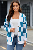 LC271943-5-S, LC271943-5-M, LC271943-5-L, LC271943-5-XL, LC271943-5-2XL, Blue Contrast Checkered Print Button Up Sweater Cardigan 