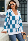 LC271943-5-S, LC271943-5-M, LC271943-5-L, LC271943-5-XL, LC271943-5-2XL, Blue Contrast Checkered Print Button Up Sweater Cardigan 