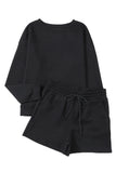 LC625104-2-S, LC625104-2-M, LC625104-2-L, LC625104-2-XL, LC625104-2-2XL, Black Textured Long Sleeve Top and Drawstring Shorts Set