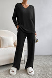 LC625308-P2-S, LC625308-P2-M, LC625308-P2-L, LC625308-P2-XL, Black Ribbed Knit V Neck Slouchy Two-piece Outfit