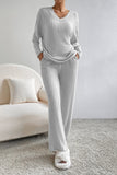 LC625308-P1011-S, LC625308-P1011-M, LC625308-P1011-L, LC625308-P1011-XL, Light Grey Ribbed Knit V Neck Slouchy Two-piece Outfit