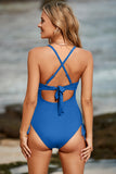 LC443640-4-S, LC443640-4-M, LC443640-4-L, LC443640-4-XL, LC443640-4-2XL, Sky Blue Ribbed Sexy Cutout Ruched Monokini