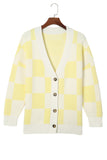 LC271943-7-S, LC271943-7-M, LC271943-7-L, LC271943-7-XL, LC271943-7-2XL, Yellow Contrast Checkered Print Button Up Sweater Cardigan 