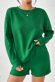 LC625104-9-S, LC625104-9-M, LC625104-9-L, LC625104-9-XL, LC625104-9-2XL, Green Textured Long Sleeve Top and Drawstring Shorts Set