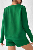 LC625104-9-S, LC625104-9-M, LC625104-9-L, LC625104-9-XL, LC625104-9-2XL, Green Textured Long Sleeve Top and Drawstring Shorts Set