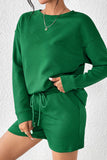 LC625104-9-S, LC625104-9-M, LC625104-9-L, LC625104-9-XL, LC625104-9-2XL, Green Textured Long Sleeve Top and Drawstring Shorts Set