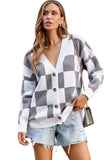 LC271943-11-S, LC271943-11-M, LC271943-11-L, LC271943-11-XL, LC271943-11-2XL, Gray Contrast Checkered Print Button Up Sweater Cardigan 