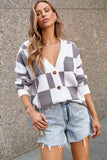 LC271943-11-S, LC271943-11-M, LC271943-11-L, LC271943-11-XL, LC271943-11-2XL, Gray Contrast Checkered Print Button Up Sweater Cardigan 