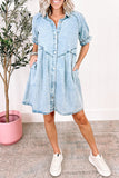 LC786546-P804-S, LC786546-P804-M, LC786546-P804-L, LC786546-P804-XL, Beau Blue Mineral Wash Ruffled Short Sleeve Buttoned Denim Dress