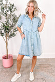 LC786546-P804-S, LC786546-P804-M, LC786546-P804-L, LC786546-P804-XL, Beau Blue Mineral Wash Ruffled Short Sleeve Buttoned Denim Dress