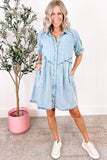 LC786546-P804-S, LC786546-P804-M, LC786546-P804-L, LC786546-P804-XL, Beau Blue Mineral Wash Ruffled Short Sleeve Buttoned Denim Dress