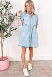 LC786546-P804-S, LC786546-P804-M, LC786546-P804-L, LC786546-P804-XL, Beau Blue Mineral Wash Ruffled Short Sleeve Buttoned Denim Dress