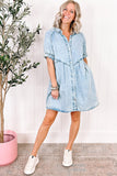 LC786546-P804-S, LC786546-P804-M, LC786546-P804-L, LC786546-P804-XL, Beau Blue Mineral Wash Ruffled Short Sleeve Buttoned Denim Dress