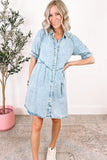 LC786546-P804-S, LC786546-P804-M, LC786546-P804-L, LC786546-P804-XL, Beau Blue Mineral Wash Ruffled Short Sleeve Buttoned Denim Dress