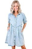 LC786546-P804-S, LC786546-P804-M, LC786546-P804-L, LC786546-P804-XL, Beau Blue Mineral Wash Ruffled Short Sleeve Buttoned Denim Dress